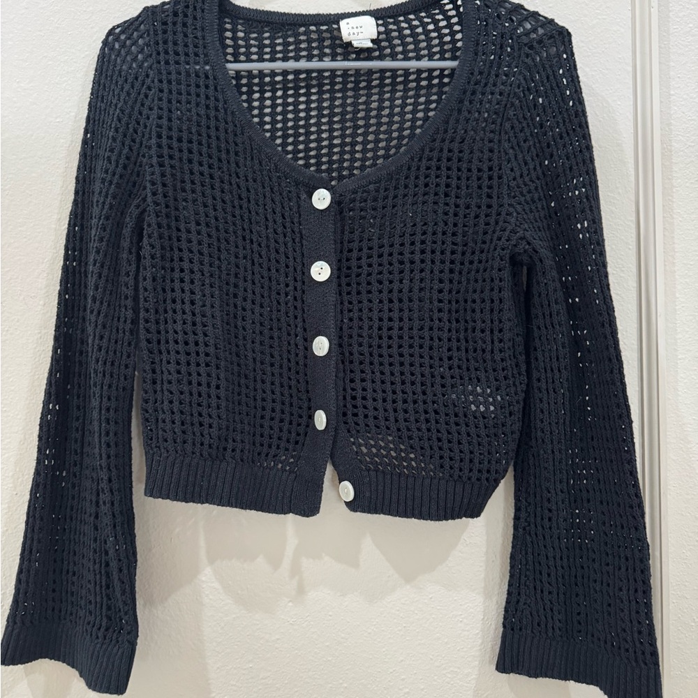 a new day Black Open-Knit Button-Up Cardigan